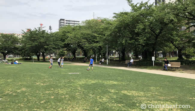 北口にある錦糸町公園。週末は子供たちが遊ぶ姿も見られます。