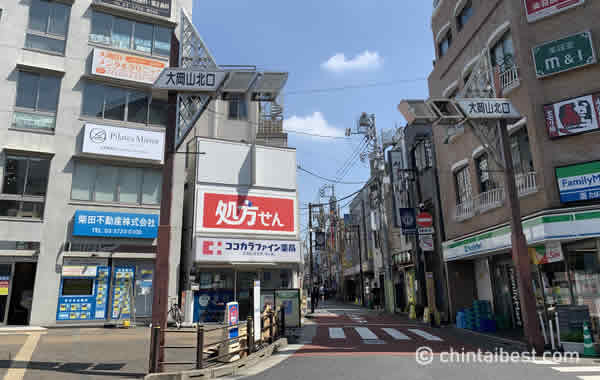 「大岡山北口商店街」入口。「ココカラファイン」や「ファミリーマート」があります。